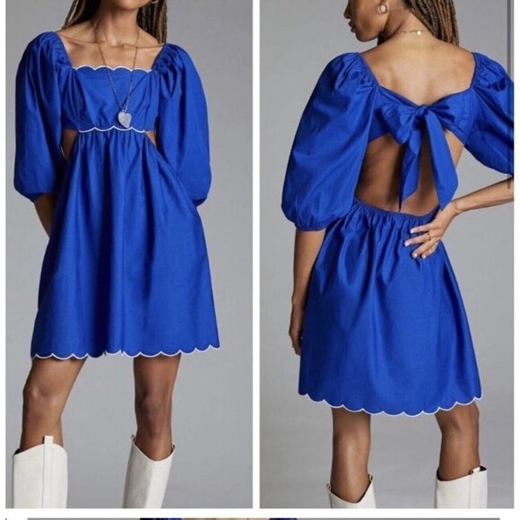 Anthropologie Forever That Girl Mimi Blue Scalloped Mini Dress Tie Back S New - Picture 1 of 9
